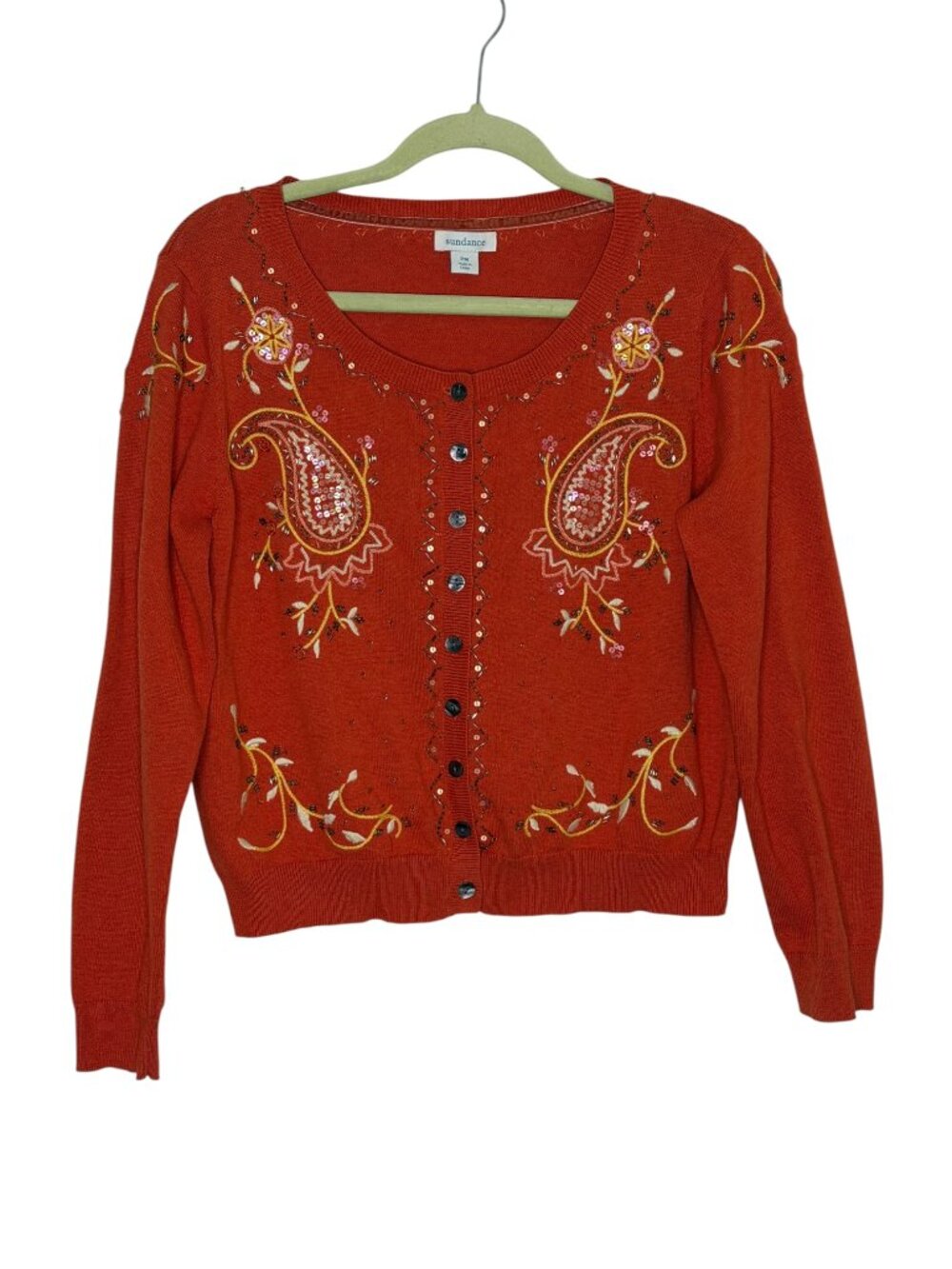 Sundance Salado Cardigan Sweater Beaded Embroidered Paisley Orange M Petite PM - Picture 2 of 8